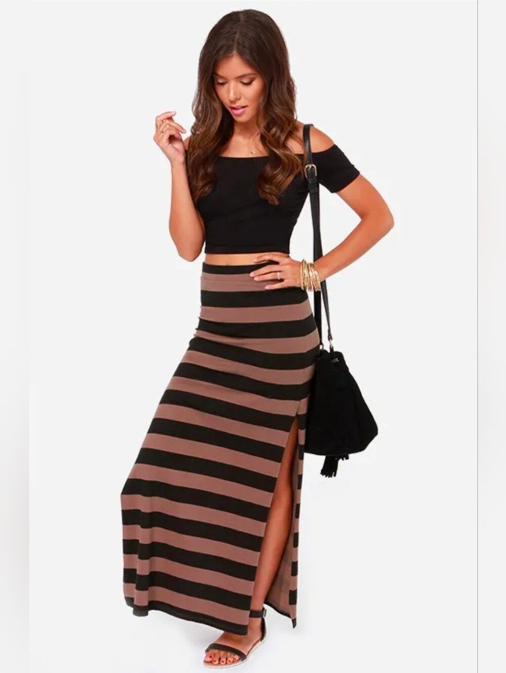 Billabong NWT Glass Petals Black and Brown Striped Maxi Skirt large $44